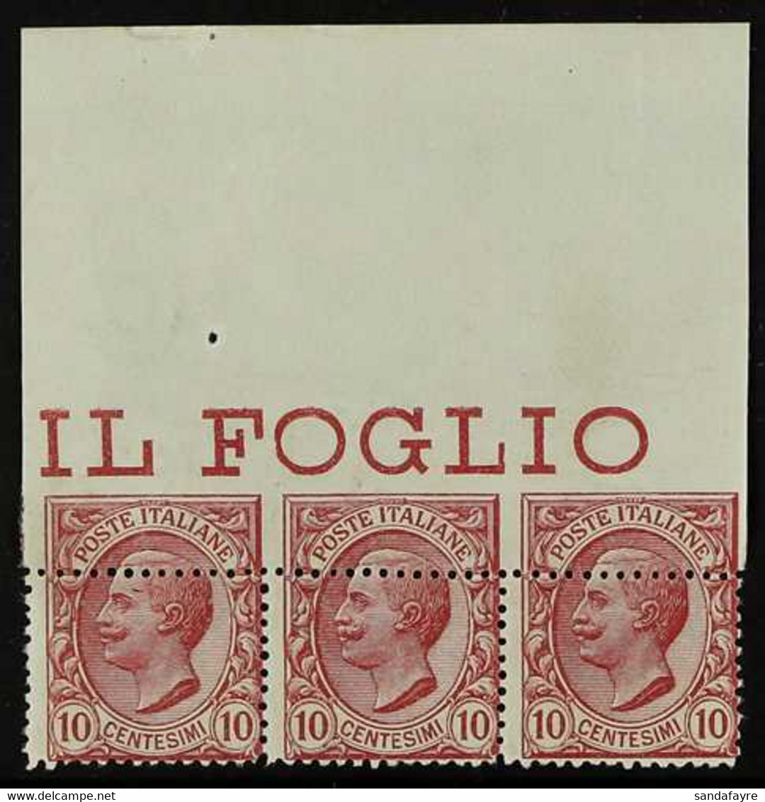 1906 10c Rose-red King Upper Marginal Horizontal STRIP Of 3 Stamps With UPPER PERFORATIONS MISPLACED DOWNWARDS Variety,  - Unclassified