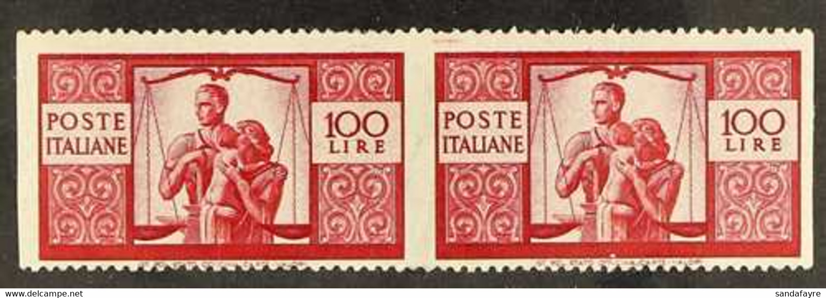 1945 100L Bright Carmine "The Family", Horizontal Pair Variety "imperf Vertically", Sass 565ao, Very Fine NHM. Signed Ol - Unclassified