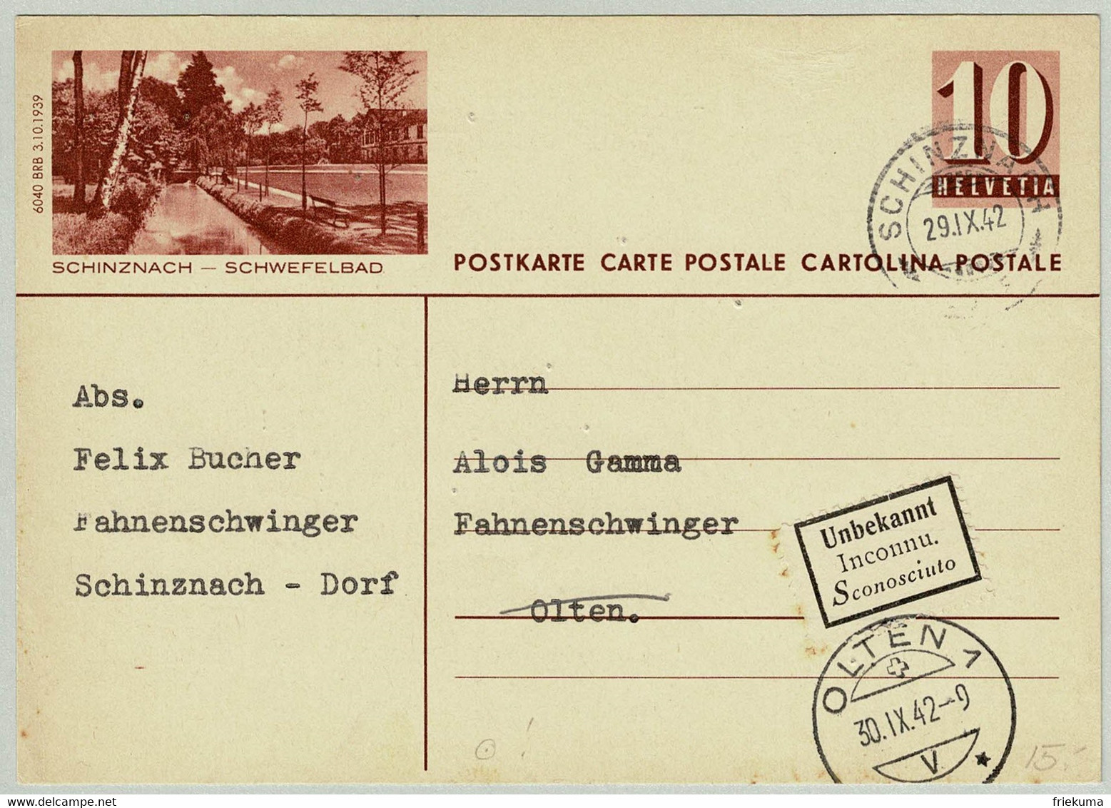 Schweiz / Helvetia 1942, Retournierte Bildpostkarte Schinznach - Schwefelbad Schinznach - Olten - Thermalisme