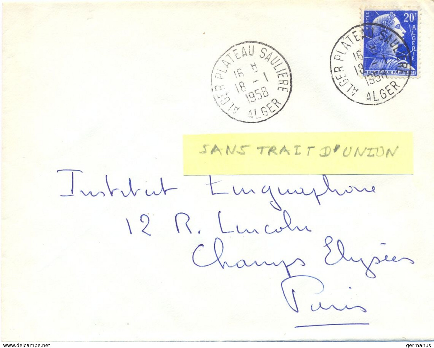 ALGERIE ALGER PLATEAU SAULIERE (sans Trait D’Union) ALGER TàD 18-1-1958 - Storia Postale