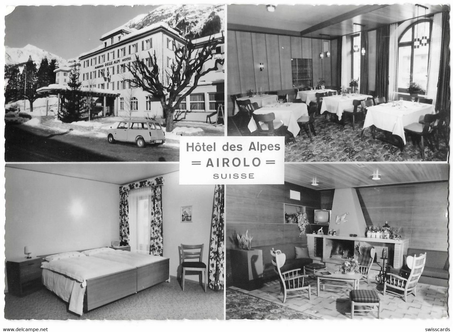 AIROLO: Hotel Des Alpes, 4-Bild-AK Mit Oldtimer ~1960 - Airolo