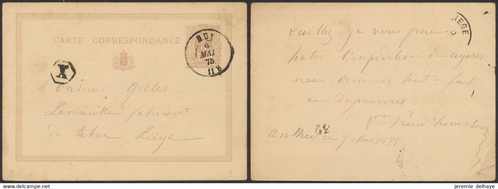 EP Au Type 5ctm Mauve Obl Double Cercle "Huy" + Boite Rurale "X" (Manusc. Antheit) > Liège, Fabric. De Tabac - Postkarten 1871-1909