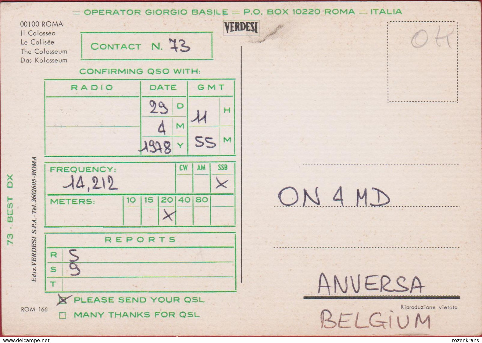 QSL Card Amateur Radio Giorgio Basile Roma Italia Italy Colosseum Rome 1978 - Amateurfunk