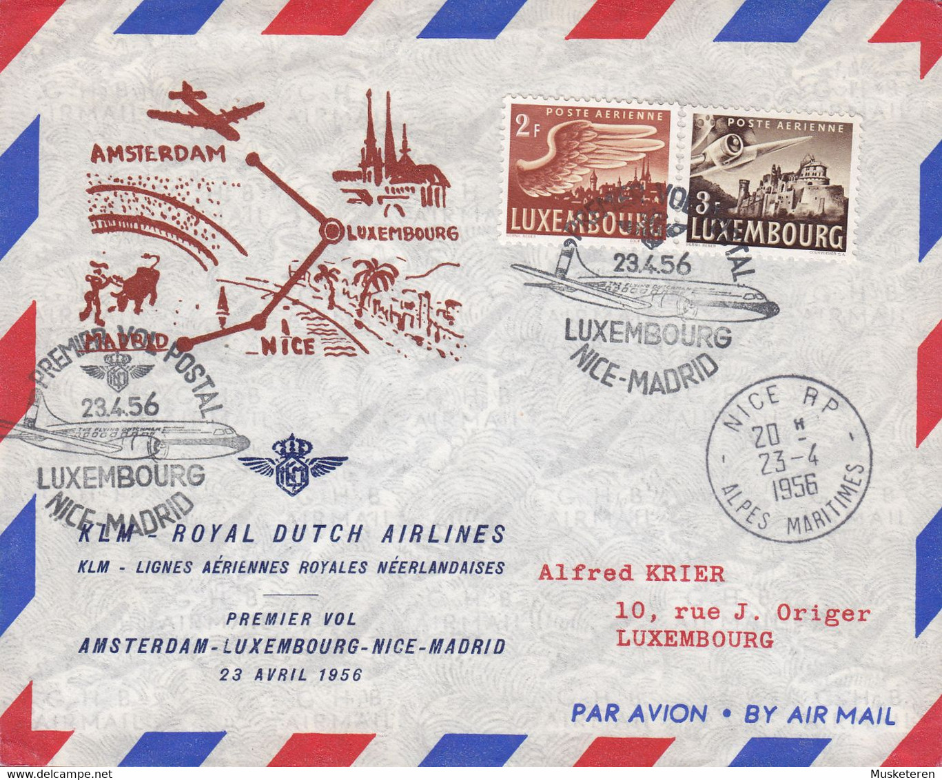 Luxembourg KLM First Flight Premier Vol Postal AMSTERDAM-LUXEMBOURG-NICE-MADRID 23.4.1956 Cover Lettre - Cartas & Documentos