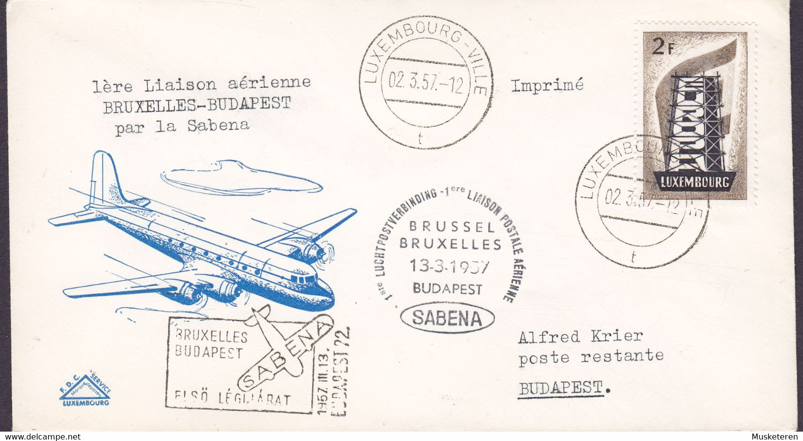 Luxembourg SABENA First Flight Premier Vol Postal BRUXELLES-BUDAPEST, LUXEMBOURG-VILLE 1957 Cover Brief Europa CEPT - Covers & Documents