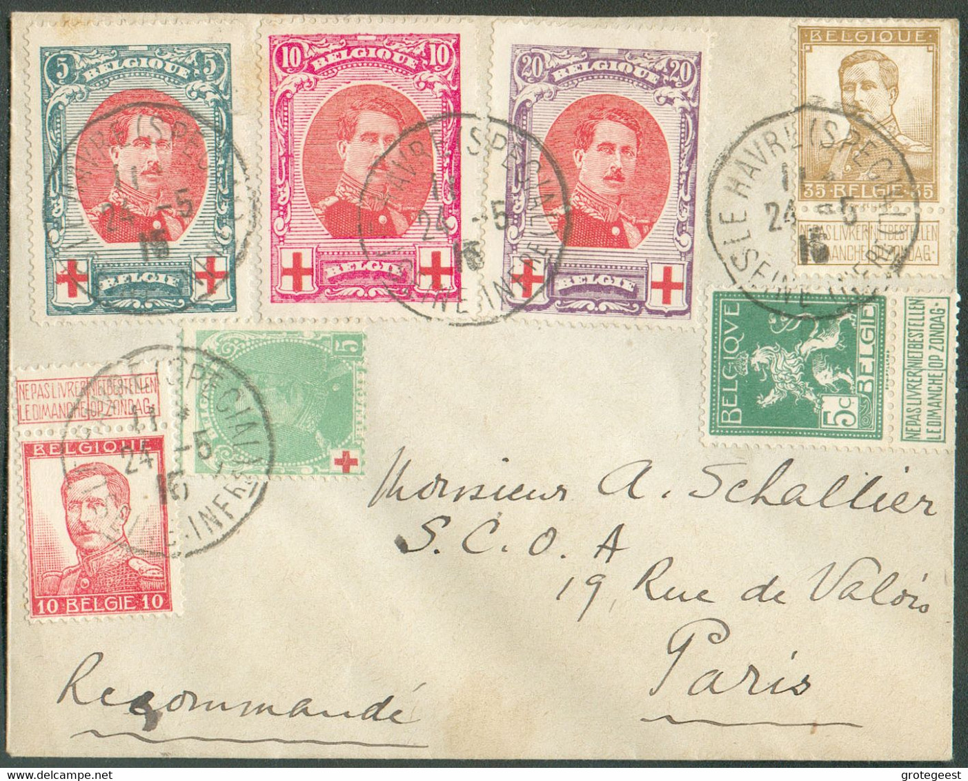 N°110-113-123-132/134 - Série Albert Croix-Rouge + PELLENS obl. Sc LE HAVRE (SPECIAL) s/Lettre Du 24-5-1916 Vers Paris. - 1914-1915 Croix-Rouge