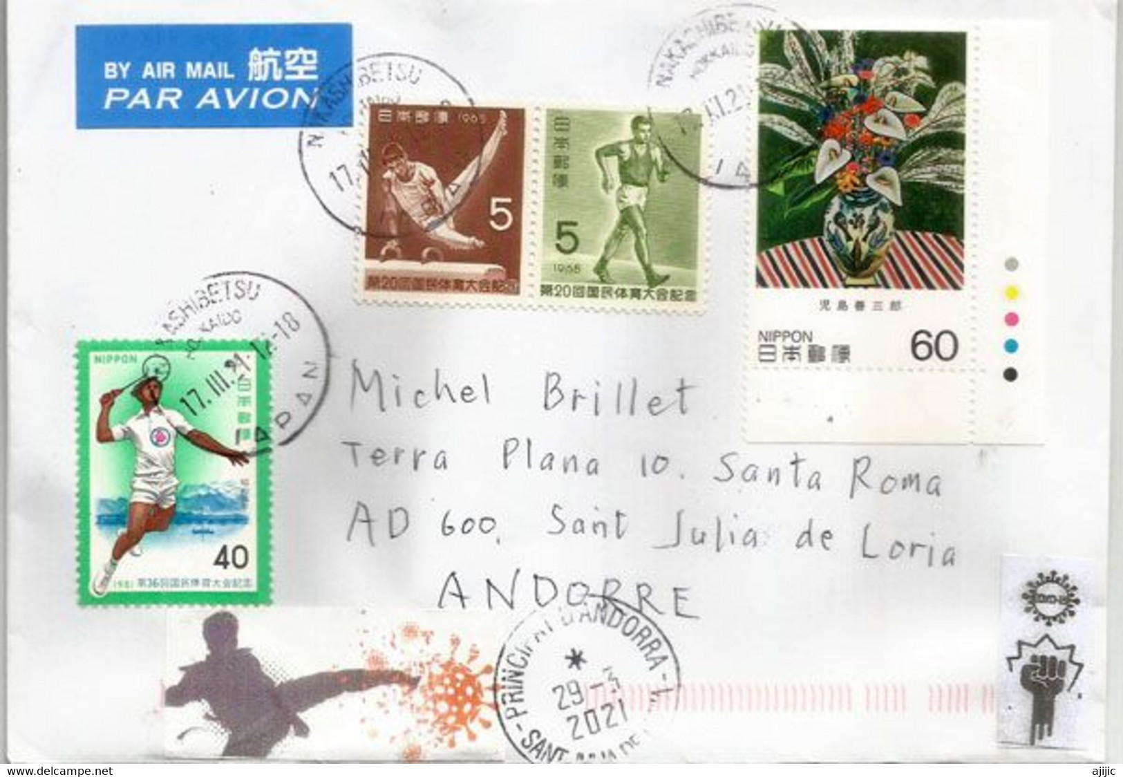 COVID-19 Pandemic In Japan.  Stickers "Fighting The Virus", Letter Hokkaido Sent To Andorra, With Arrival Postmark - Cartas & Documentos