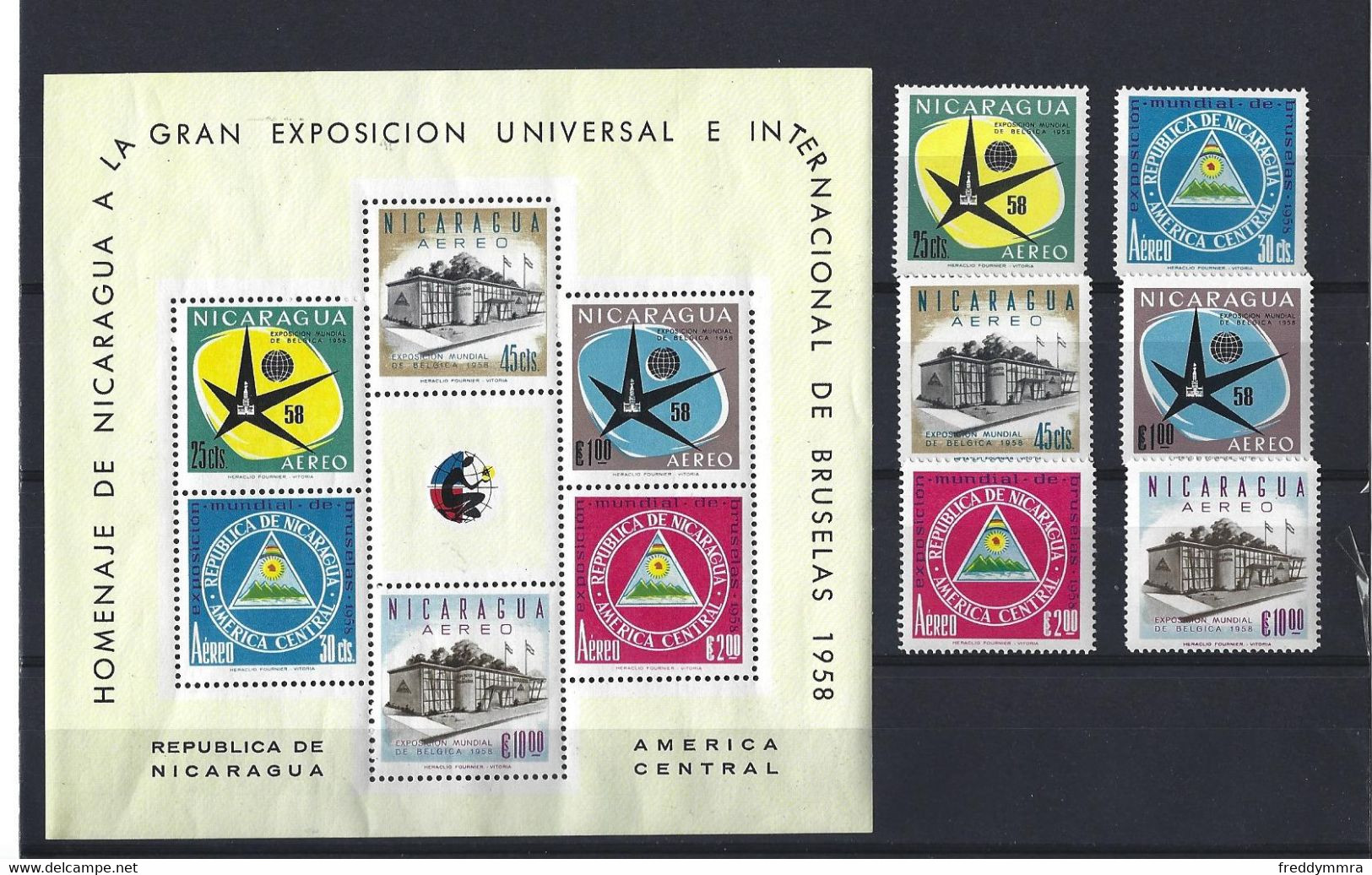 EXPO 58 BRUXELLES:  Nicaragua: Bloc 86 + PA 375/380 ** - 1958 – Bruselas (Bélgica)