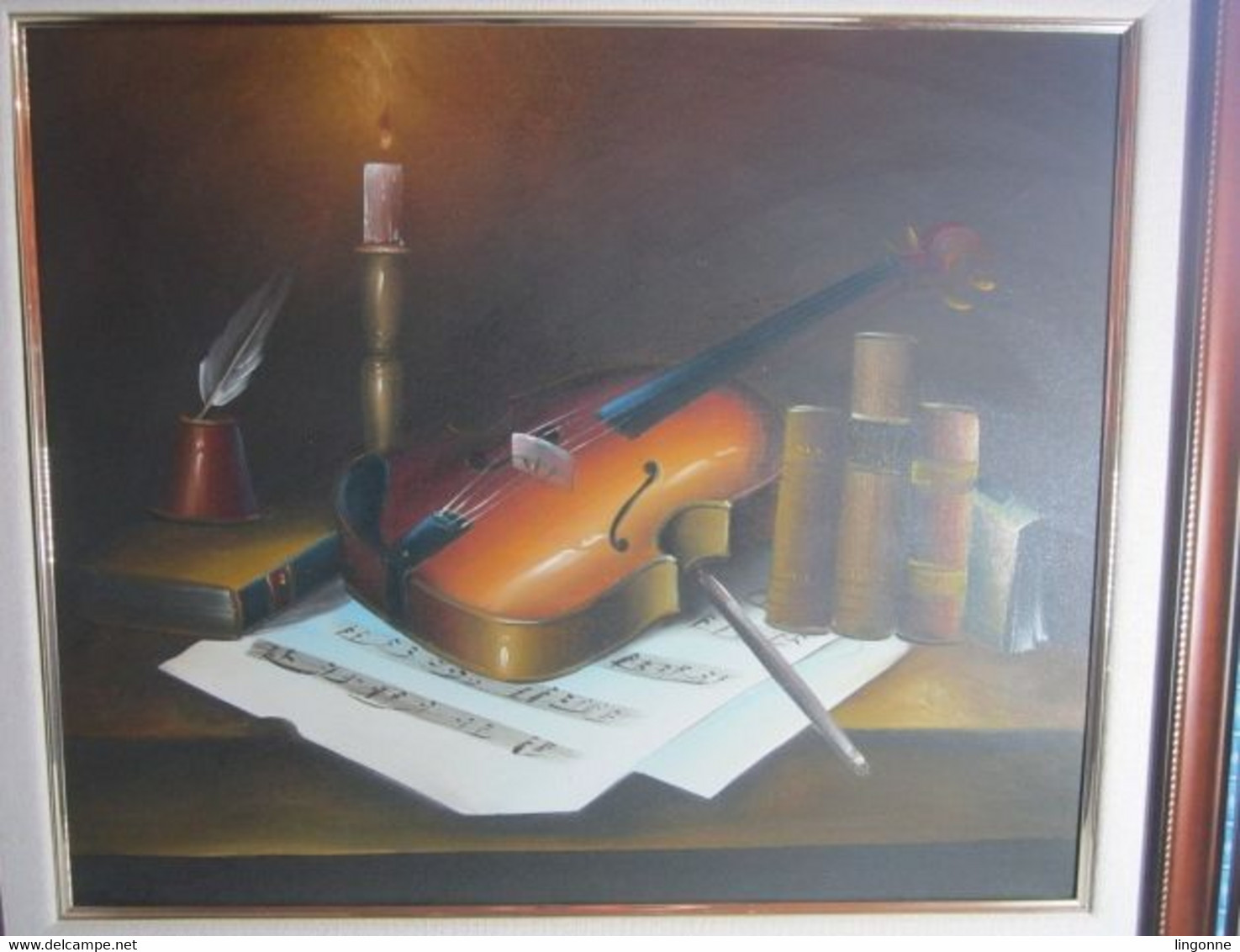 SUPERBE GRAND TABLEAU MUSIQUE VIOLON BOUGIE LIVRES Dimension : 68 X 78 Cm Env Toile : 58 X 49 Cm - Gouaches