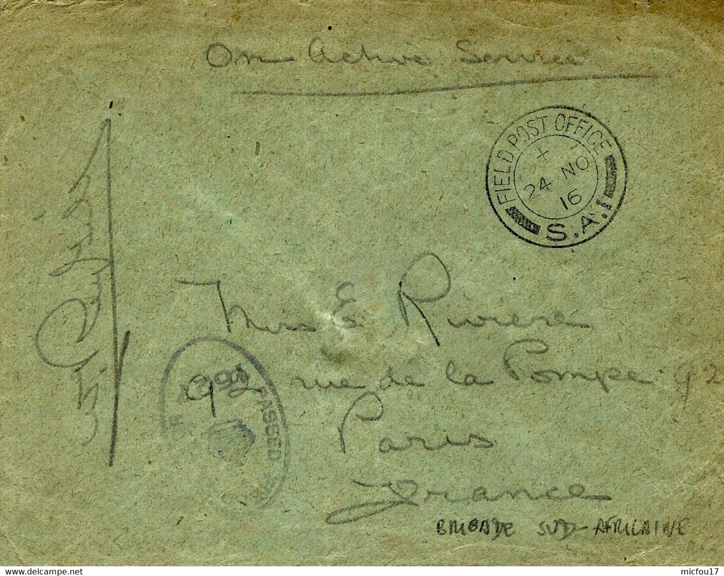 WWI - 1916 - Cover With   F P O  -  S.A. 1    -  Brigade Sud - Africaine - Other & Unclassified