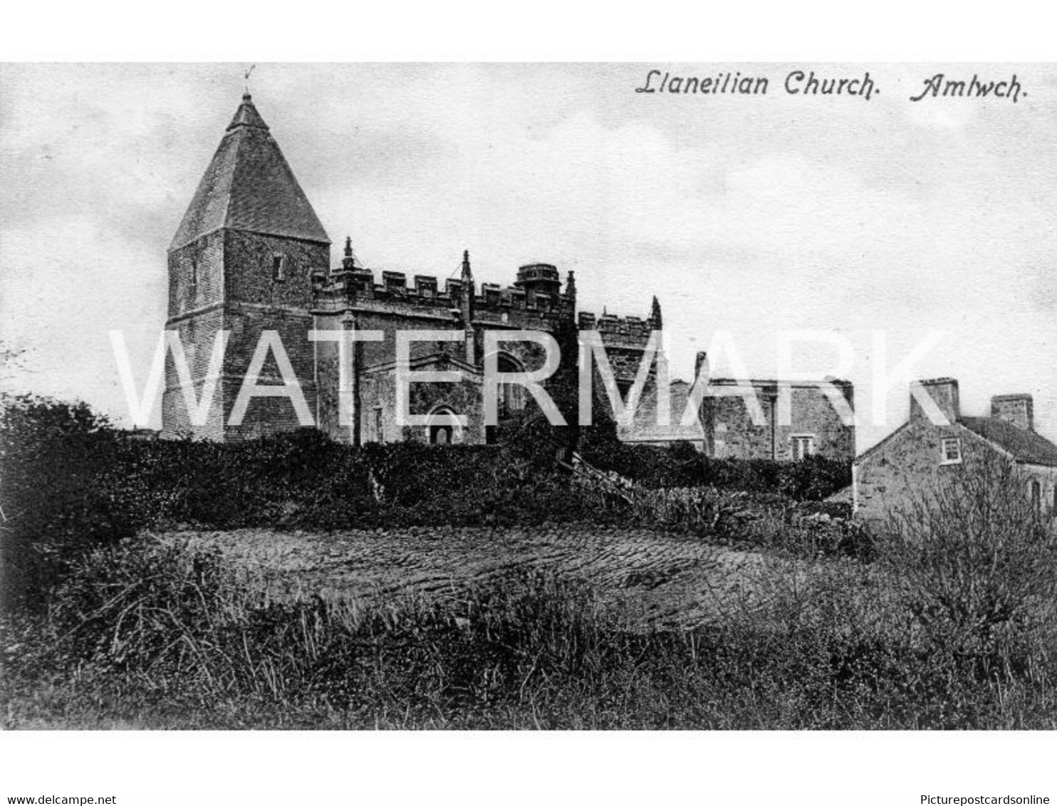 ALMWCH LLANEILIAN CHURCH OLD B/W POSTCARD WALES - Anglesey