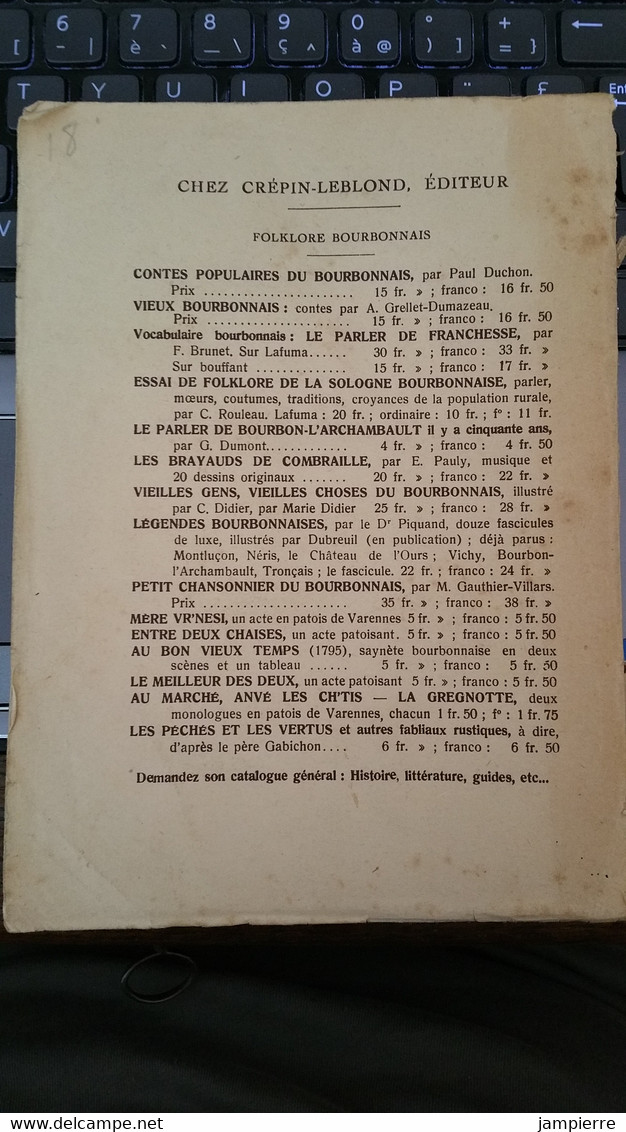 Folklore Bourbonnais, Contes Populaires Du Bourbonnais - Paul Duchon - 1938, 205 Pages / 600 Exemplaires Tirés - Bourbonnais