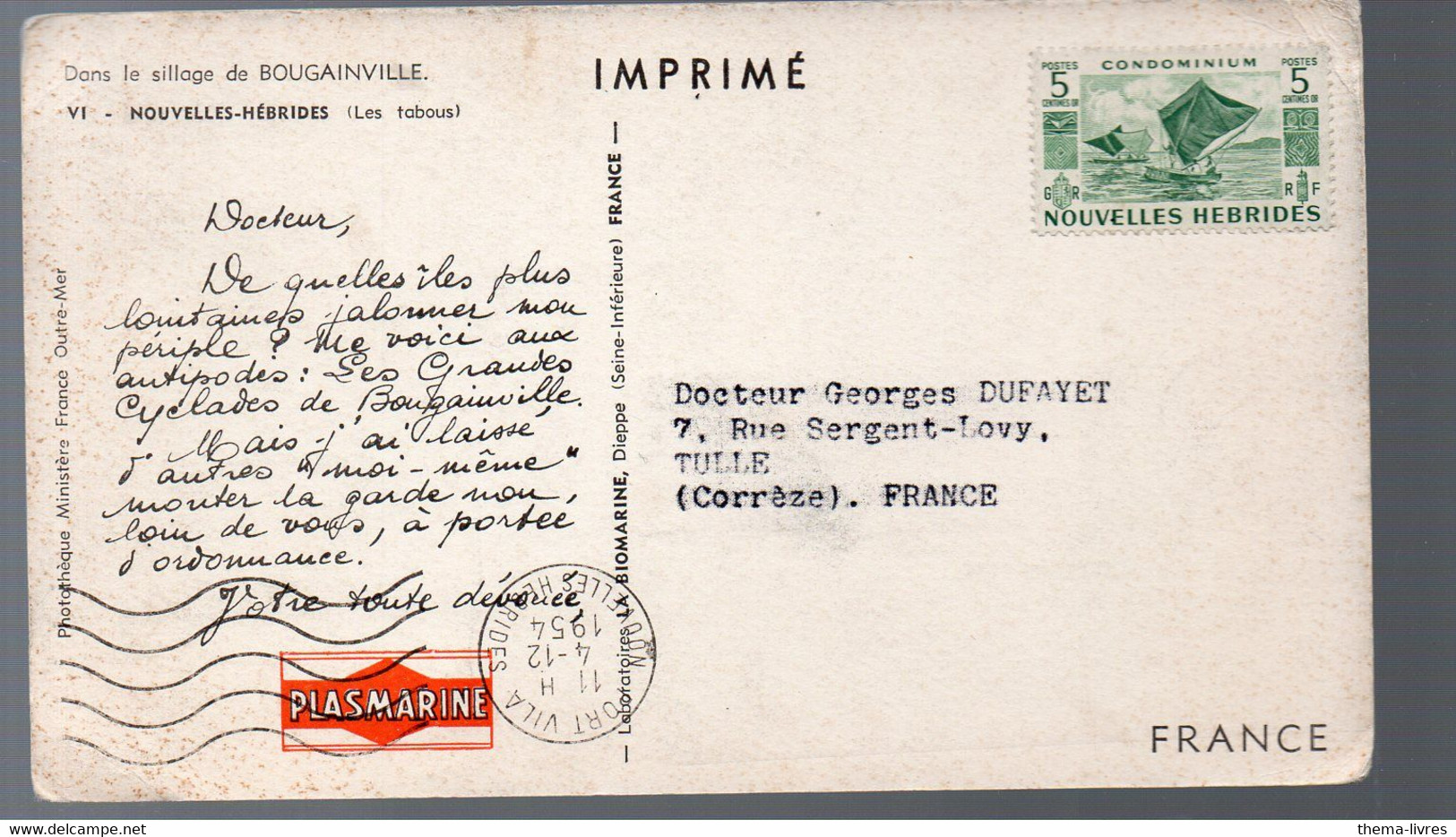 Nouvelles Hébrides CARTE POSTALE Offerte Aux Médecins   (PLASMARINE) (PPP27993) - Autres & Non Classés