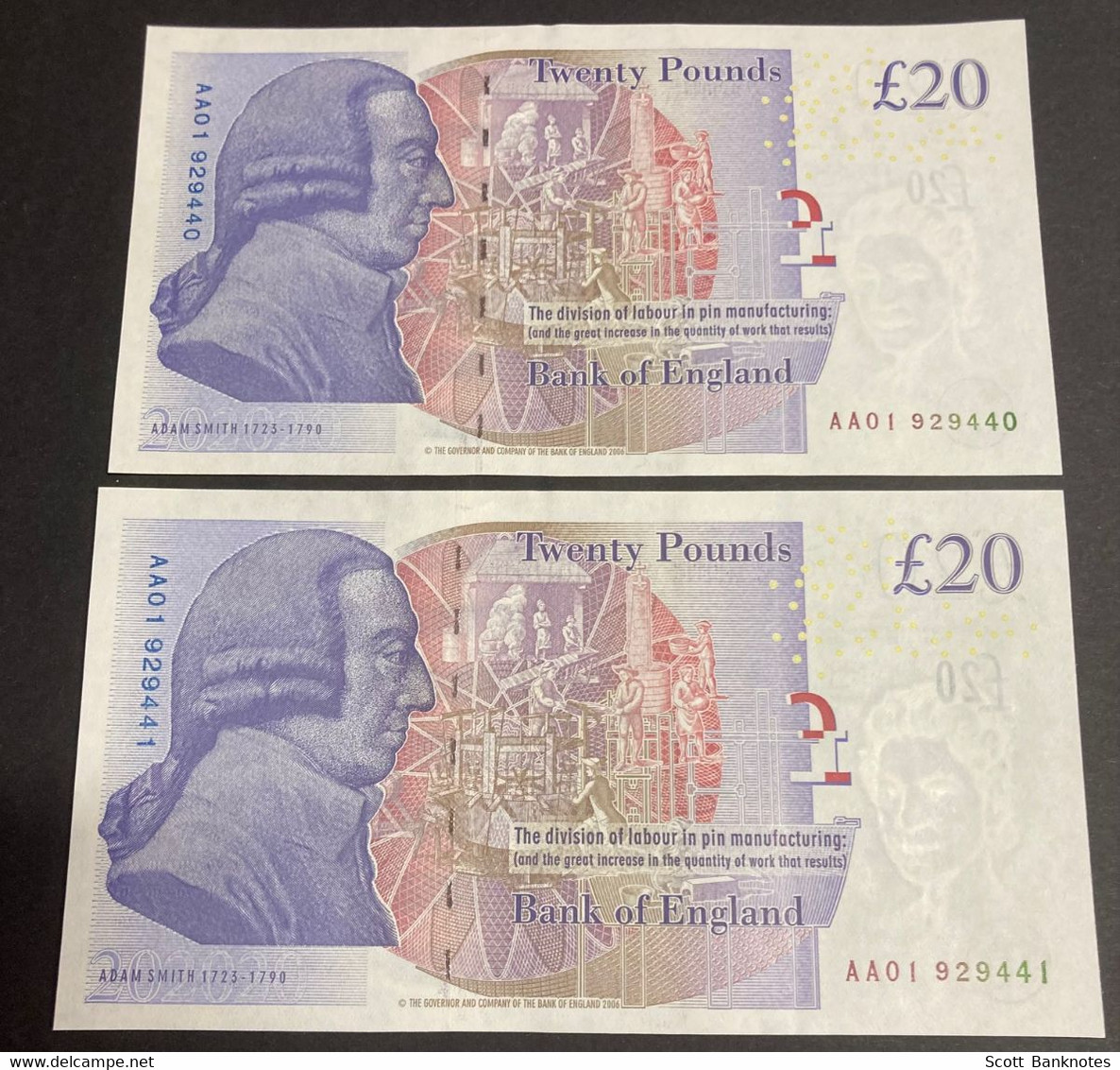 2 X Uncirculated AA01 Bailey 20 Pound Notes In Series, English Paper Money Ref B405 - 20 Pounds