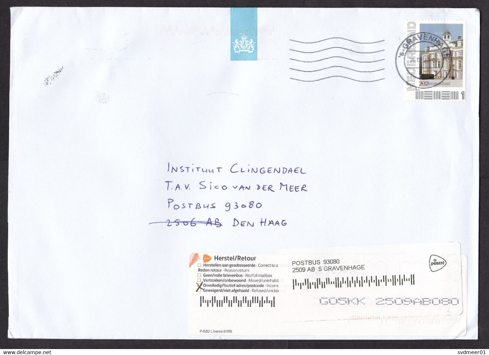 Netherlands: Cover, 2014, 1 Stamp, Building, 2x Auxiliary Label Redirected, Incorrect Postcode (traces Of Use) - Cartas