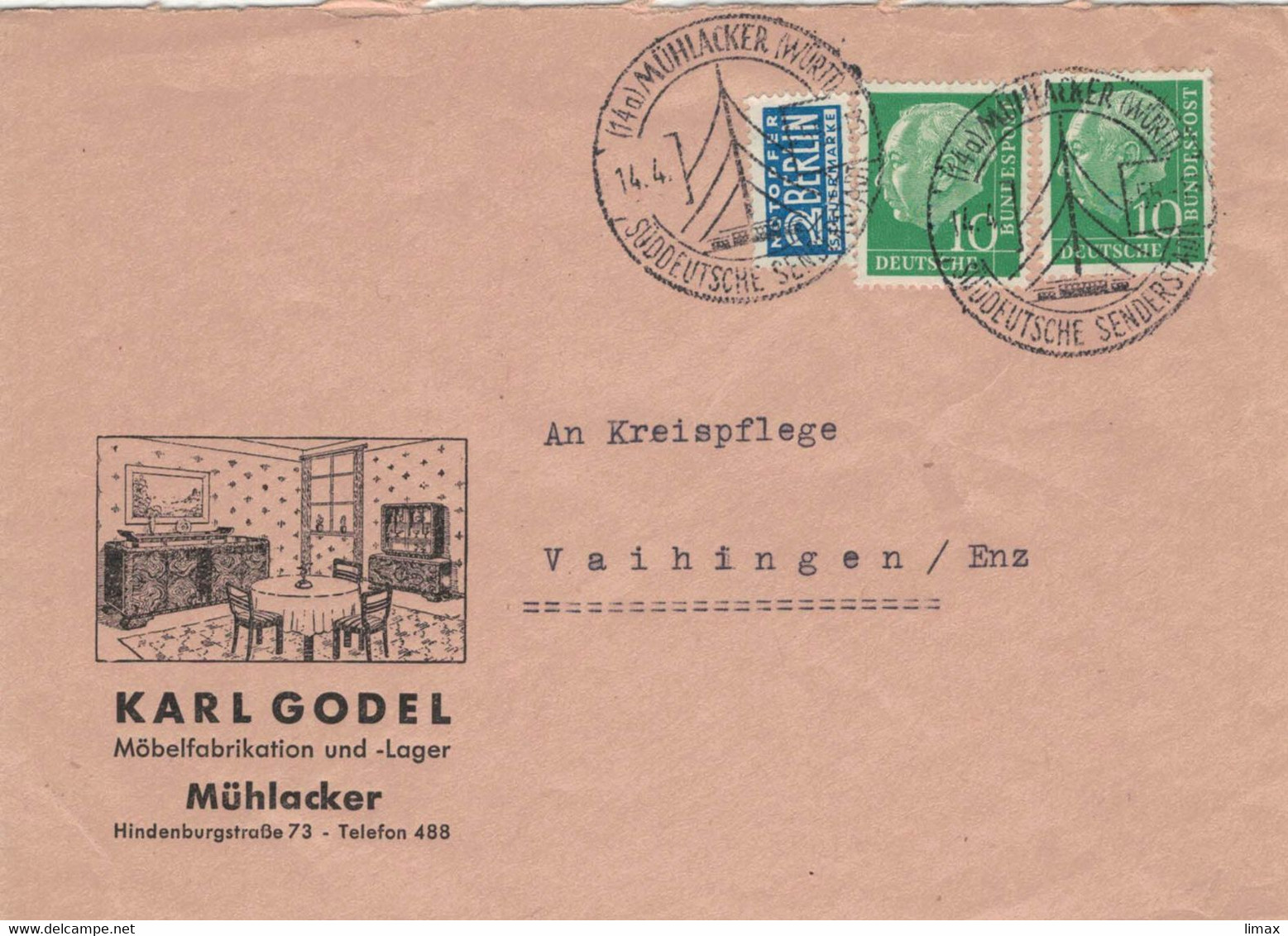 Karl Godel Mühlacker - Süddeutsche Senderstadt 1955 > Vaihingen - Illustriertes Kuvert - Lettres & Documents