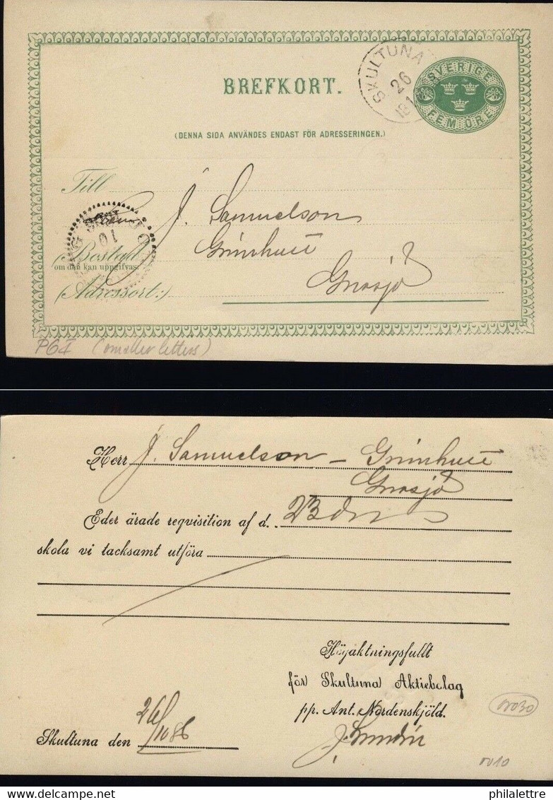 SUÈDE / SWEDEN / SVERIGE - 1886 - CàD "SKULTUNA" Sur Entier Carte Postale Mi.P6.I - Postal Stationery