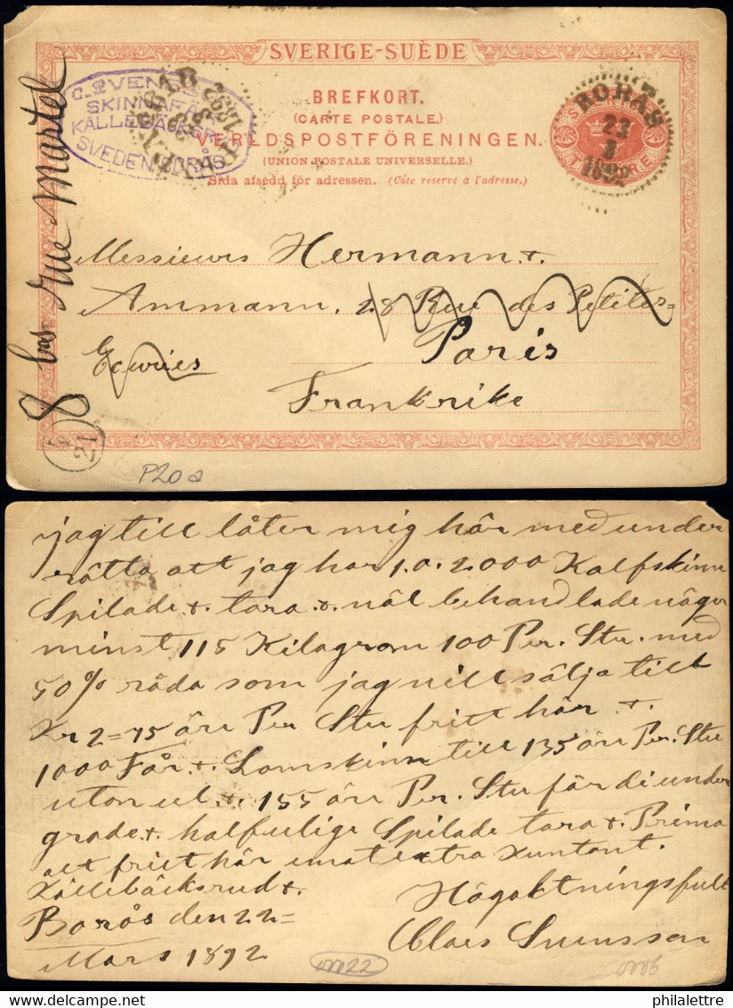 SUÈDE / SWEDEN / SVERIGE - 1892 - CàD Perlé "RORÄS" Sur Entier Carte Postale Pour La France - Postwaardestukken