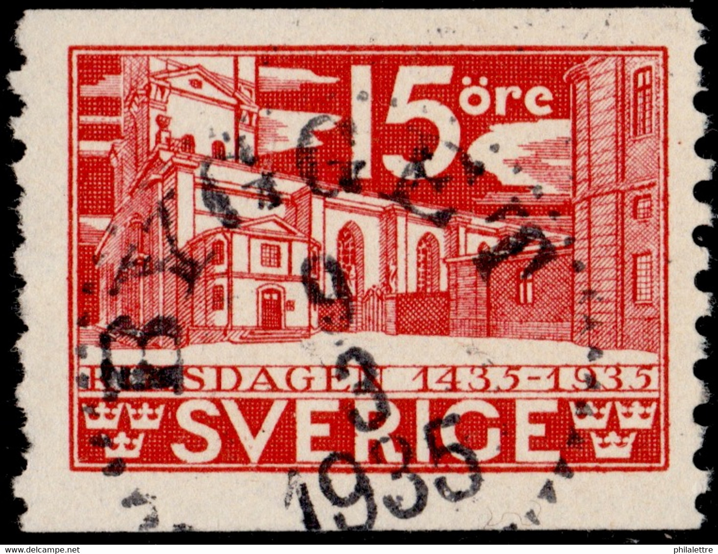 SUÈDE / SWEDEN / SVERIGE - 1935 - " BYGGET " Ds On Facit 242A 15ö Red - Gebraucht