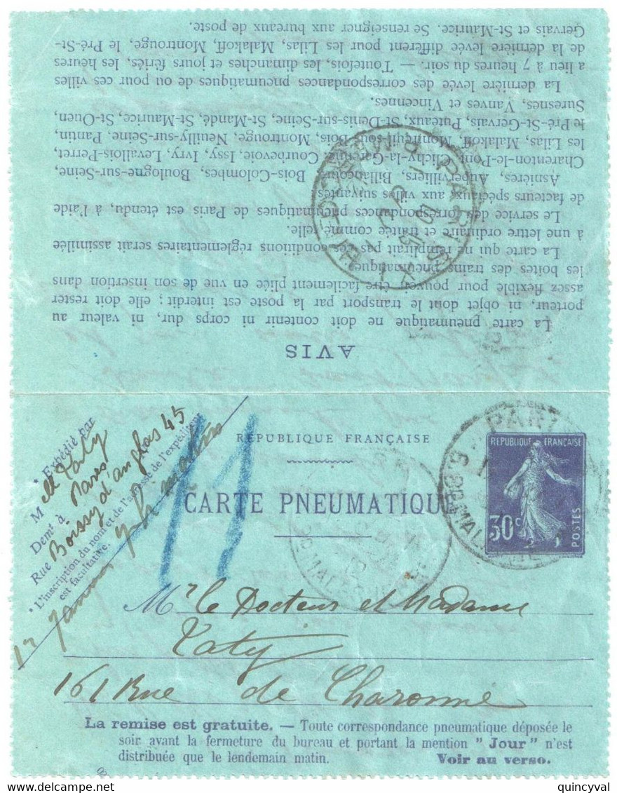 PARIS 3 6b Malesherbes Carte Lettre Pneumatique 30c Semeuse Violet Yv CLPP4 Storch K3 Date Oblique 02x 17 Lignes Ob 1912 - Pneumatici