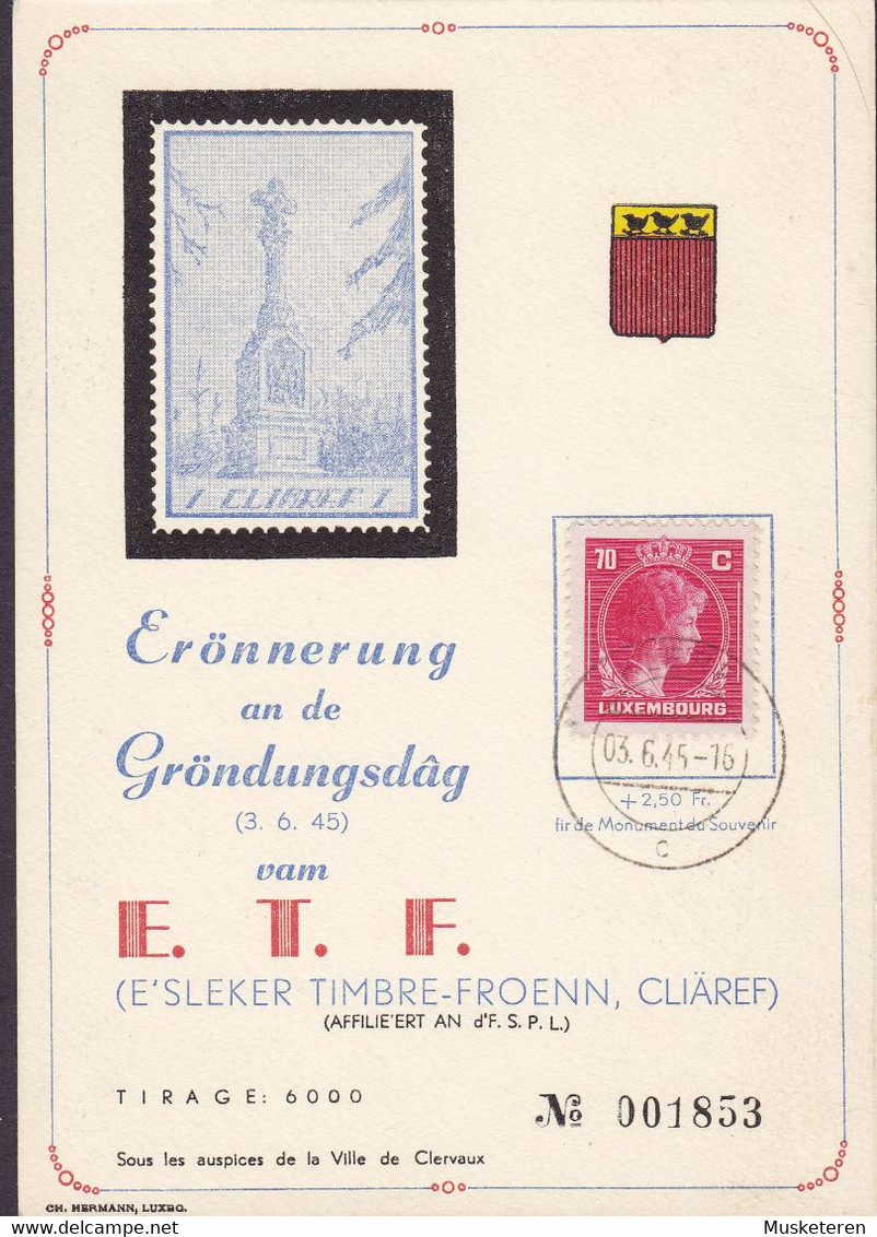 Luxembourg No: 001853 Erönnerung An De Gröndungsdag Vom E.T.F. Cancelled KLERE 03.6.45 - Cartes Commémoratives