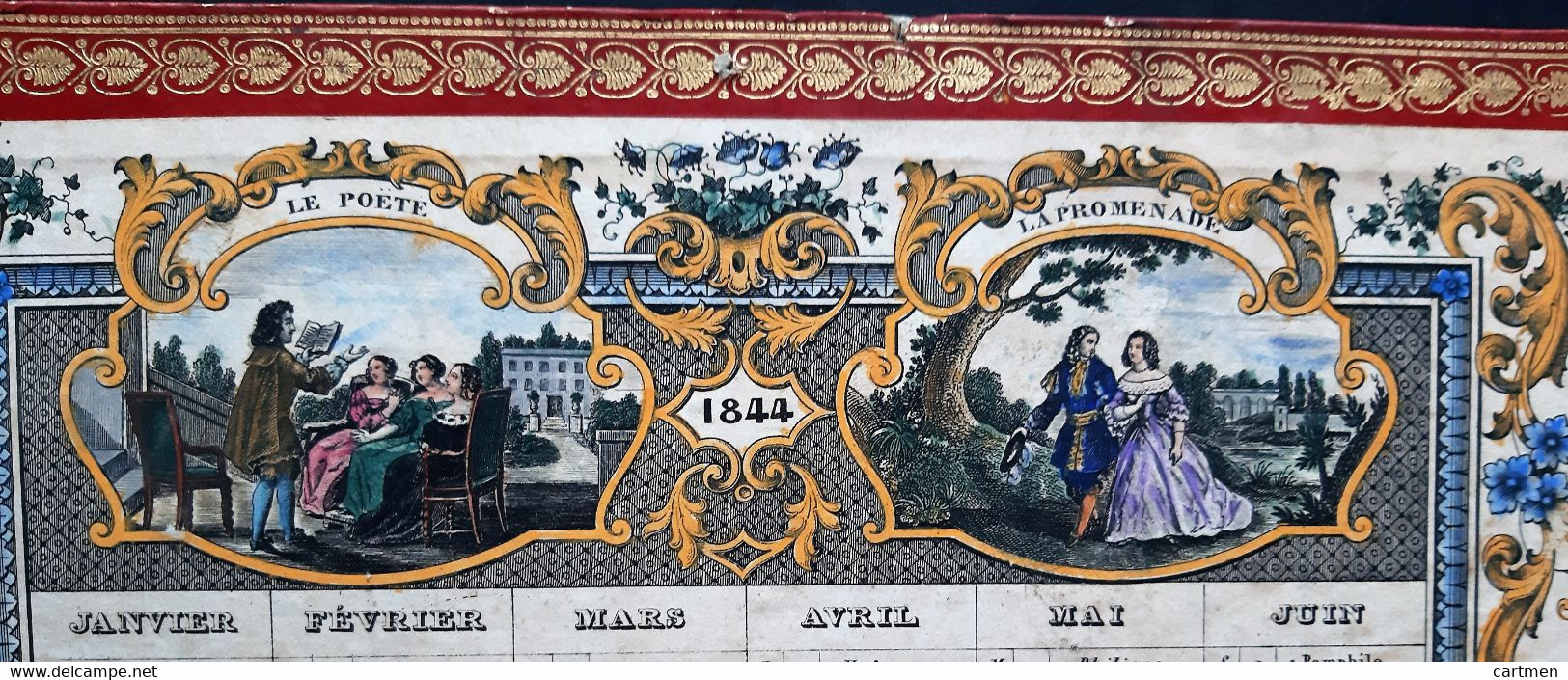 CALENDRIER ANCIEN 1844 LITHOGRAPHIE ET COLORE AVEC SCENES GALANTES ROMANTIQUES  LEGERES MOUILLURES AU CENTRE 29 X 22 CM - Big : ...-1900