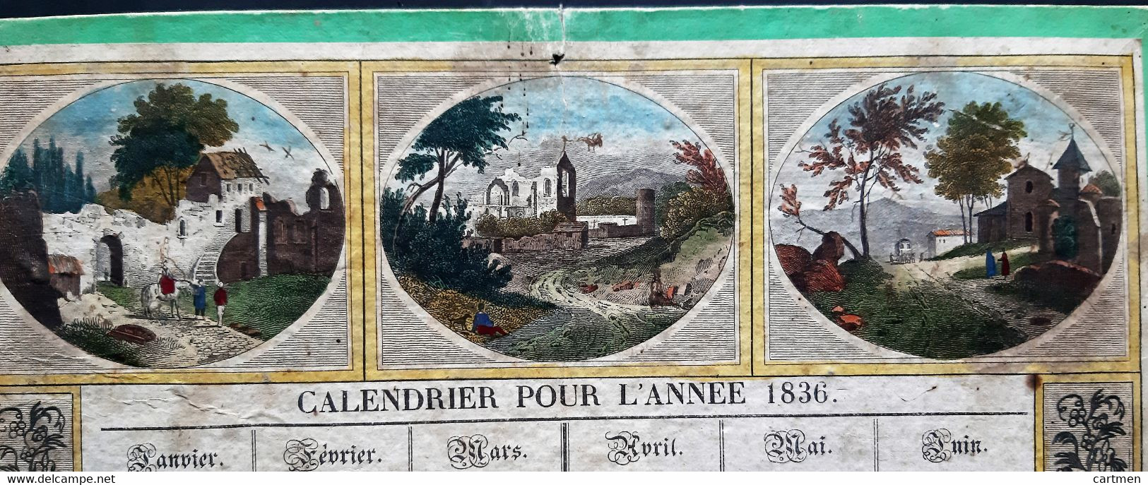 CALENDRIER ANCIEN 1836 LITHOGRAPHIE ET COLORE AVEC ALLEGORIES CHAMPETRES HISTORIQUES  LEGERE MOUILLURE  26 X 21 CM - Groot Formaat: ...-1900