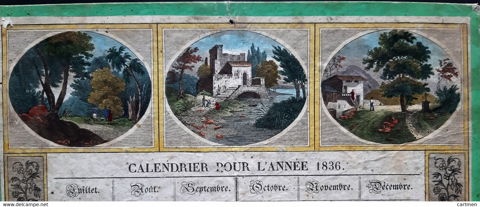 CALENDRIER ANCIEN 1836 LITHOGRAPHIE ET COLORE AVEC ALLEGORIES CHAMPETRES HISTORIQUES  LEGERE MOUILLURE  26 X 21 CM - Formato Grande : ...-1900