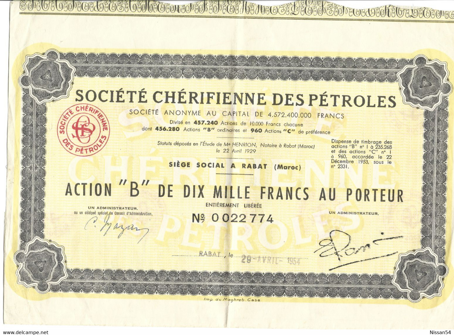 ACTION SOCIETE CHERIFIENNE DES PETROLES - MAROC - 1954 - Petrolio
