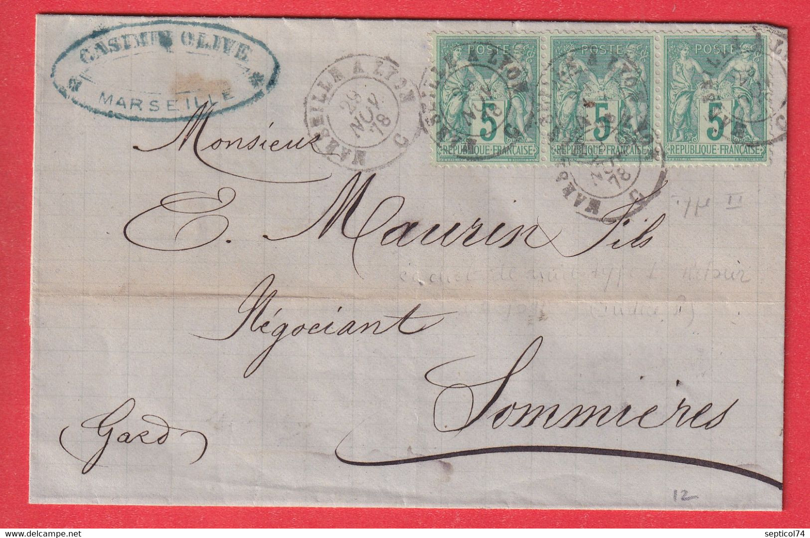 N°75 BANDE DE 3 AMBULANT MARSEILLE A LYON SOMMIERES GARD 1878 - Railway Post