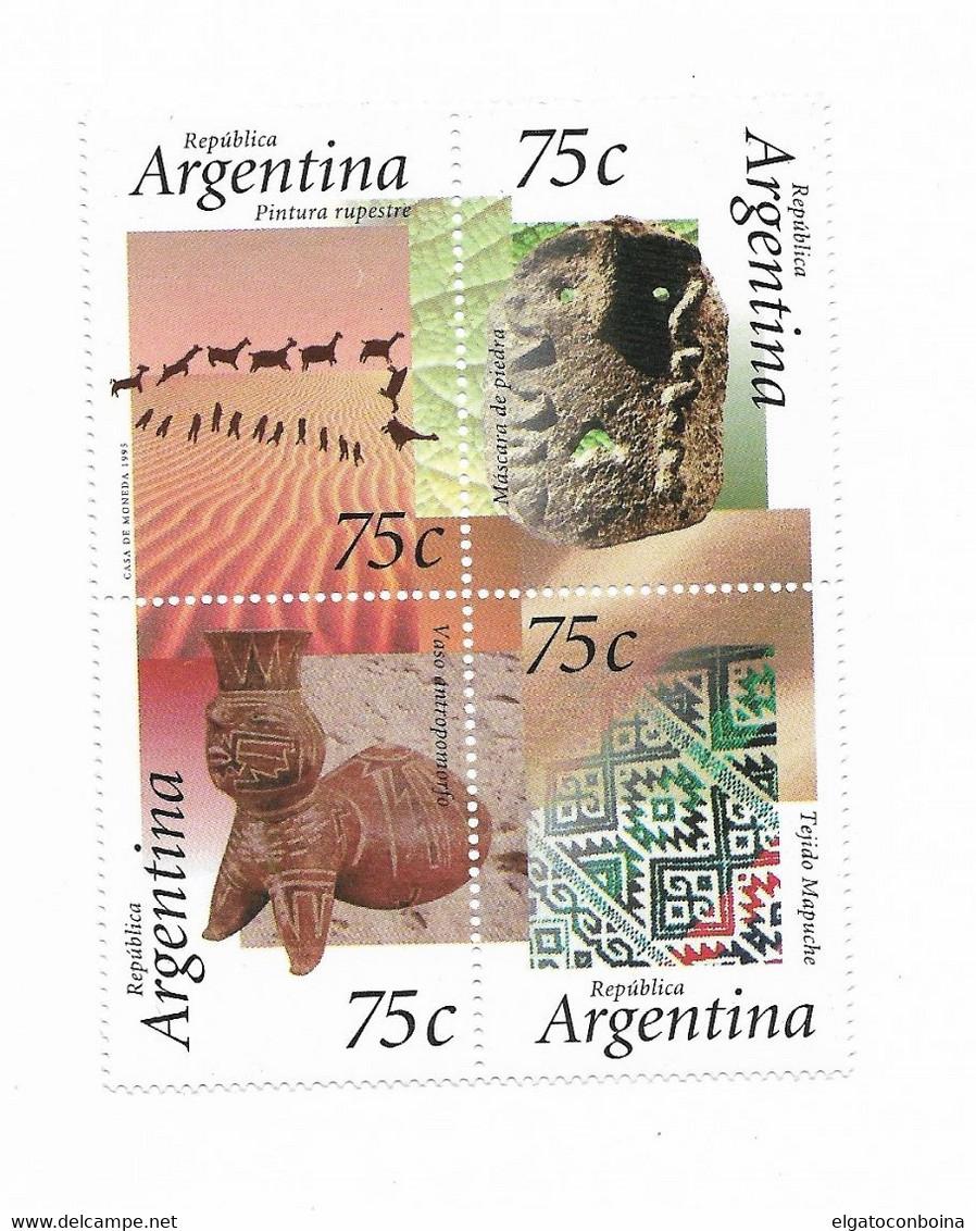 ARGENTINA 1995 BLOCK OF FOUR DIFFERENTS ARCHAEOLOGY NATIVE ART STONE MASKS MNH - Other & Unclassified