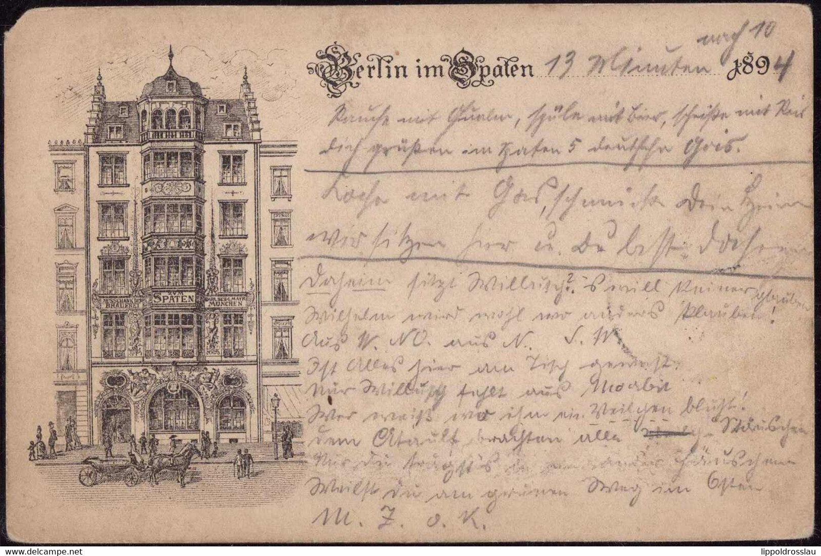 Gest. O-1000 Berlin Gasthaus Spaten, Vorläufer 1894, Oben Links Eckabriß 4mm, Briefmarke Entfernt, Best. - Altri & Non Classificati