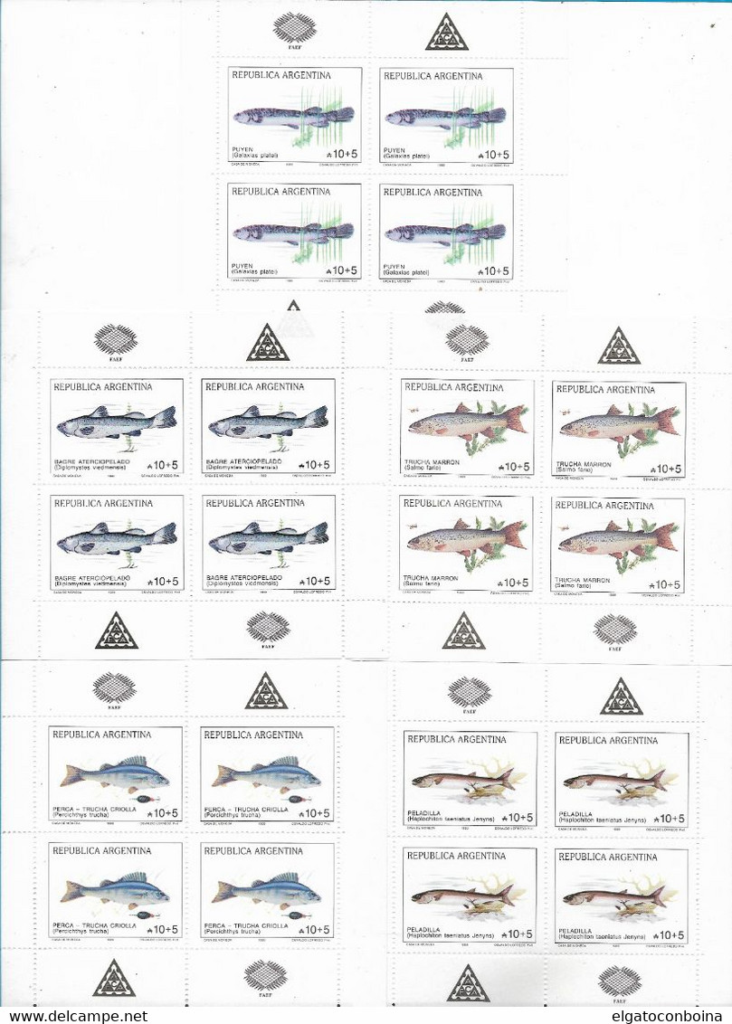 ARGENTINA 1989 FISH 5 SOUVENIR SHEETS BLOCK OF 4 SCOTT B137/41 MI 1972/6 MNH - Andere & Zonder Classificatie