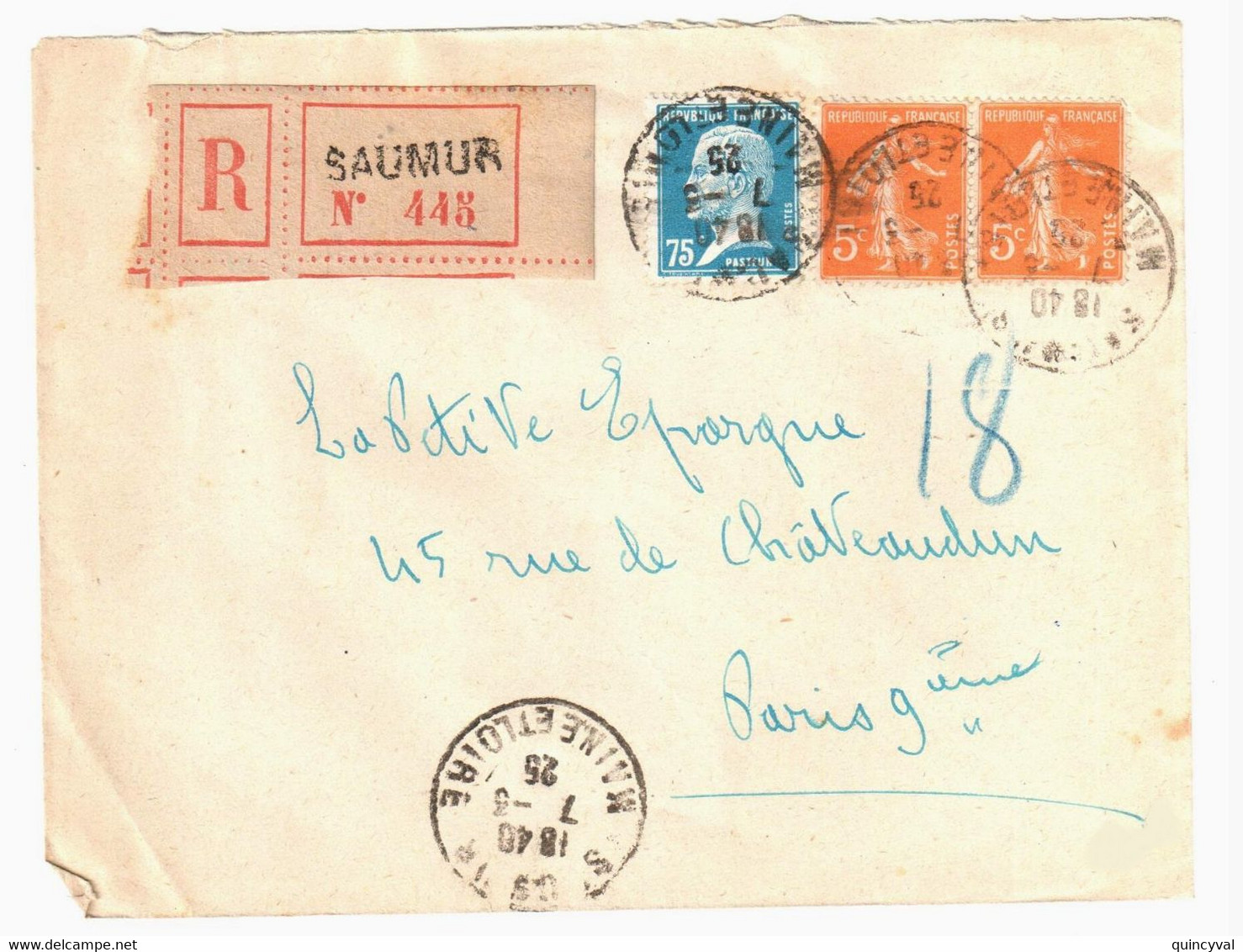 SAUMUR Maine Et Loire Lettre Recommandée 75c Pasteur 5c Semeuse Orange Yv 158 177 Ob 1925 - Covers & Documents