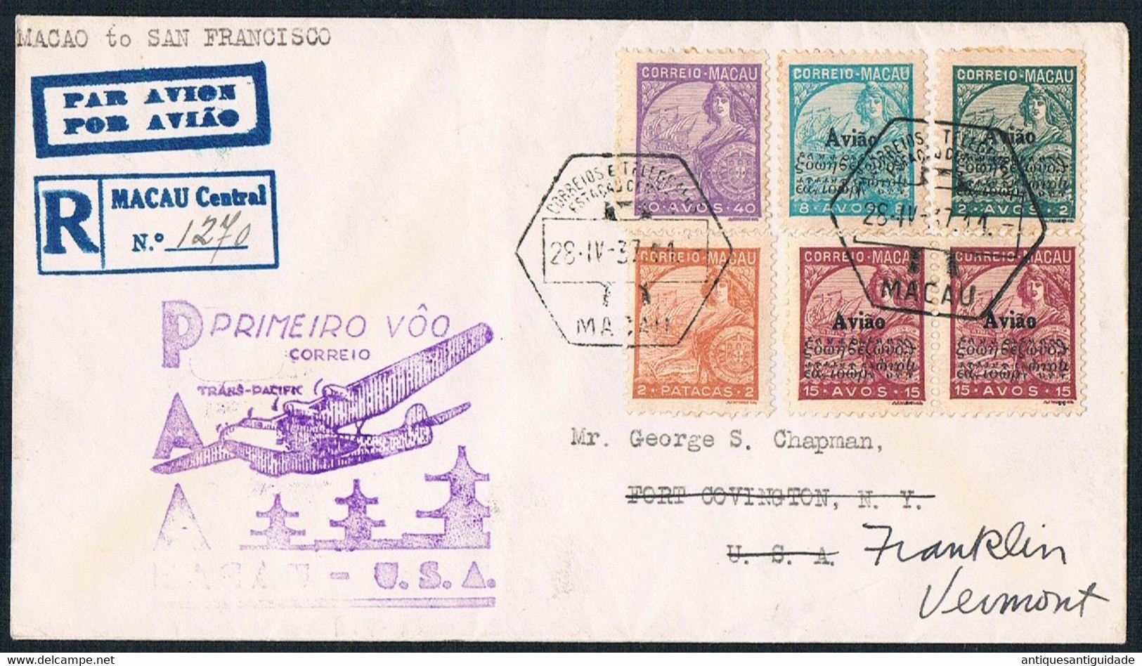 1937 FDC  Macao Central - First Flight Trans-Pacific Mail –  Macao To San Francisco - Franklin Vermont - Luchtpost