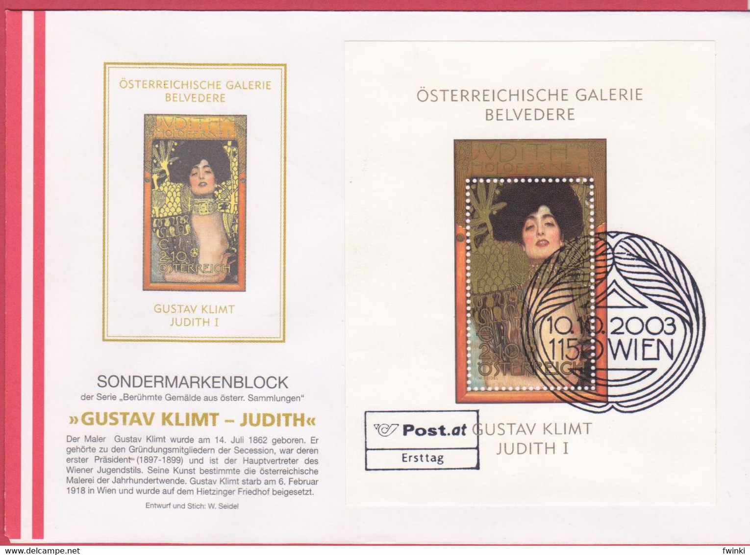 FDC 2003 - Mi 2449 (1) , Berühmte Gemälde - Gustav Klimt : Judith , SST 1150 Wien - Briefe U. Dokumente