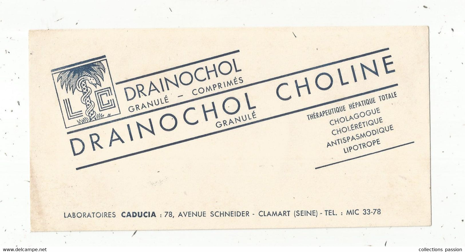 Buvard , Produits Pharmaceutiques, DRAINOCHOL CHOLINE , Frais Fr 1.75 E - Droguerías