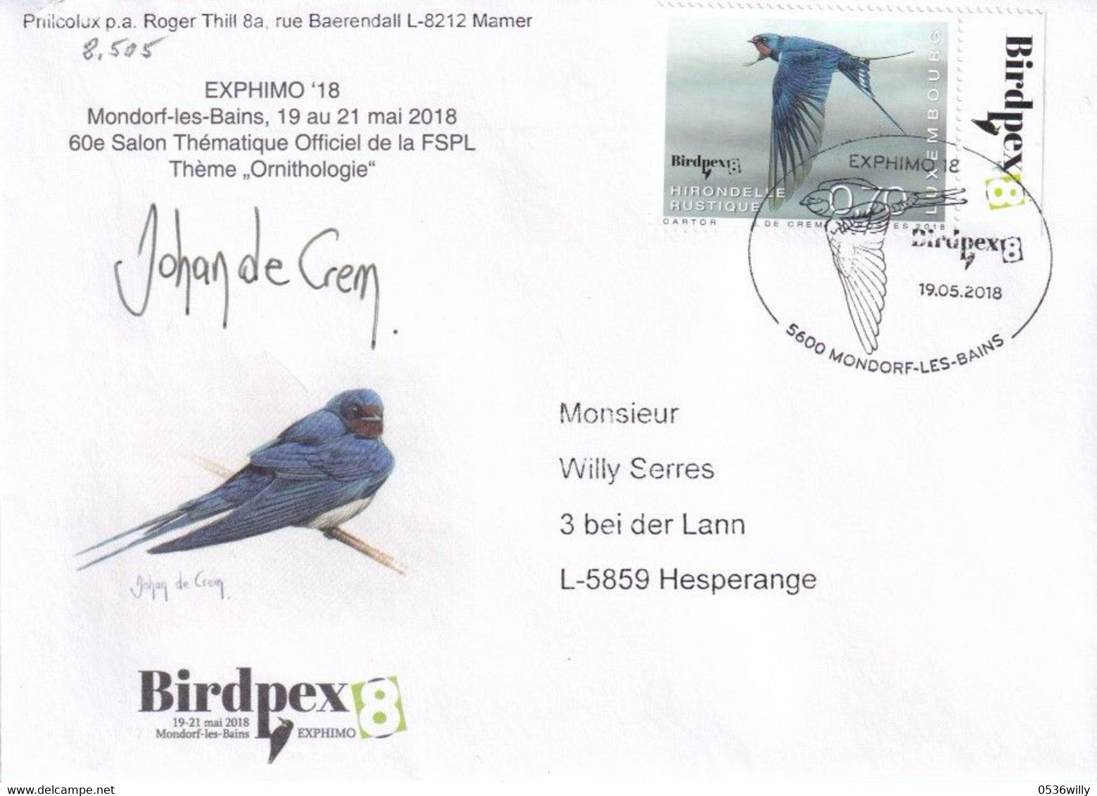 Mondorf-les-Bains EXPHIMO/Birdpex '18 (8.505) - Brieven En Documenten