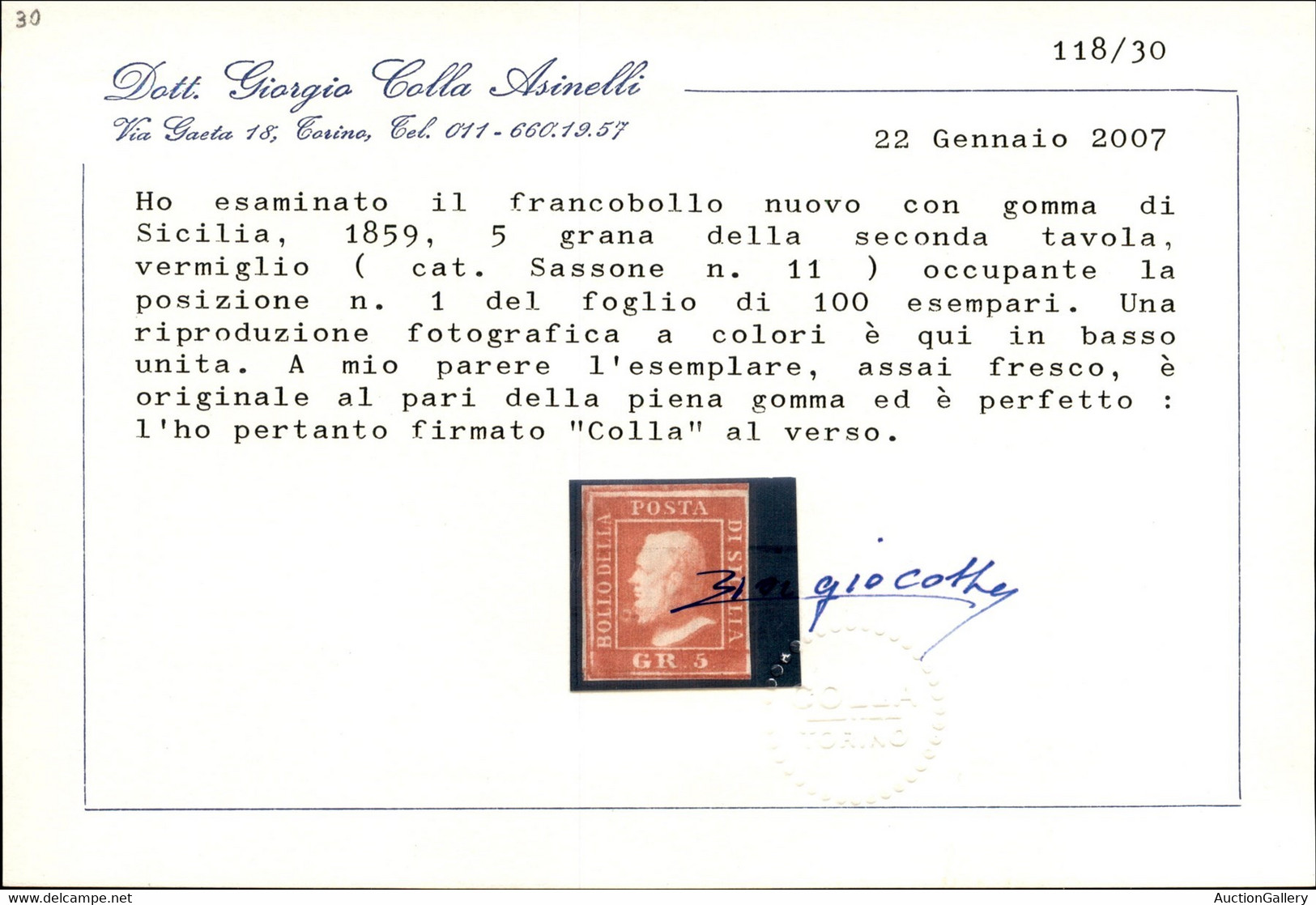 ANTICHI STATI ITALIANI - Sicilia - 1859 - 5 Grana (11 - Pos.1) - Gomma Originale - Diena + Cert. Colla (1.250) - Altri & Non Classificati