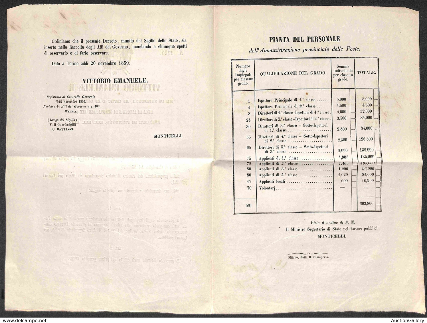 ANTICHI STATI ITALIANI - Toscana - 1859 (20 Novembre) - Decreti 3757 + 3758 - Stipendi Del Personale Delle Poste (dal 1° - Altri & Non Classificati