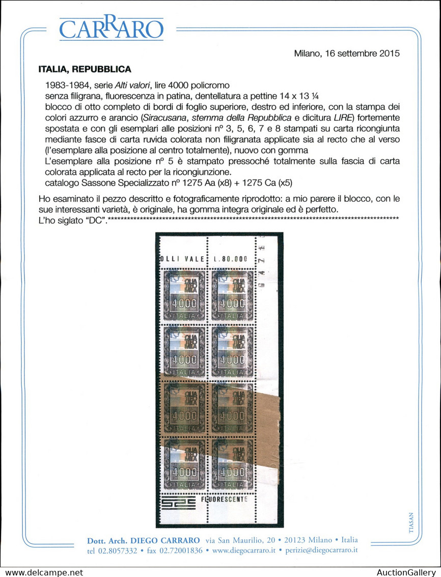 REPUBBLICA - 1979 - 4000 Lire (1441c/1441b) - Blocco Angolare Di Otto Con Centro Molto Spostato (6 Millimetri) - Cinque  - Autres & Non Classés
