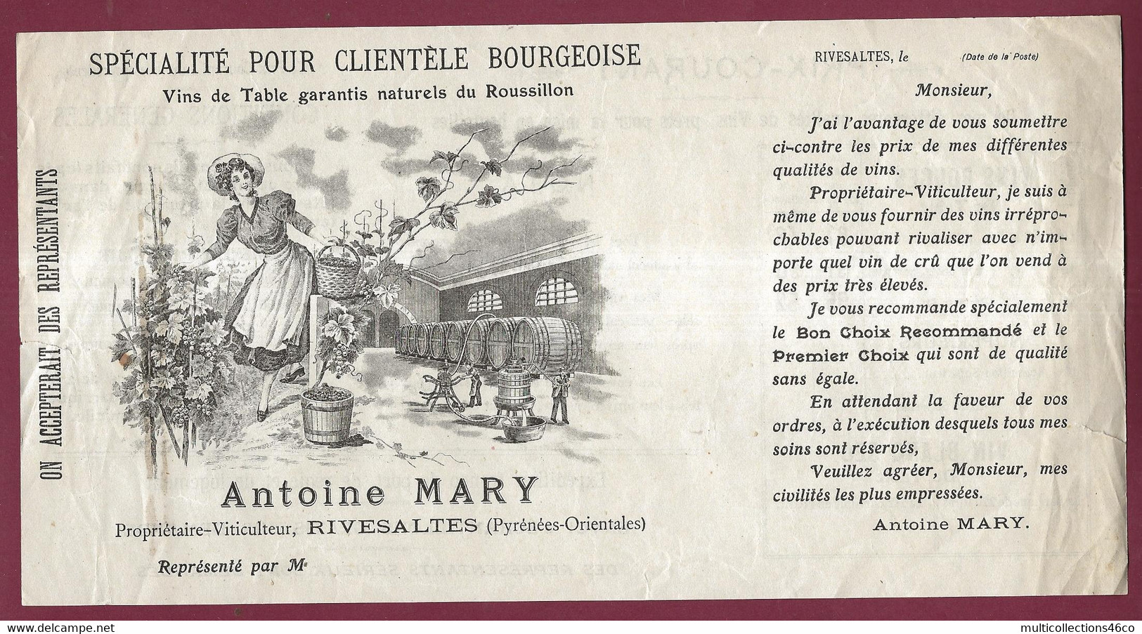020421 - DOCUMENT COMMERCIAL Tarif Vin 66 RIVESALTES - ANTOINE MARY Viticulteur Illustration Cave Chai Vigne - Rivesaltes