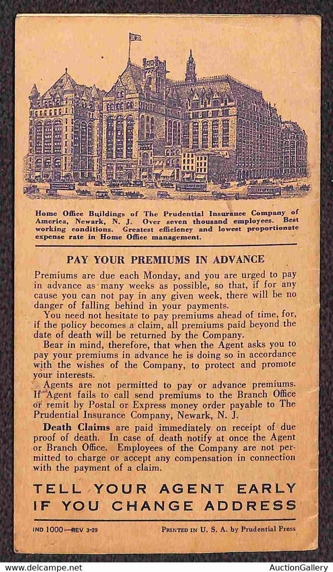 STATI UNITI D'AMERICA - DOCUMENTI - 1929/1932 - Libretto Assicurativo "The Prudential Insurance Company" del periodo