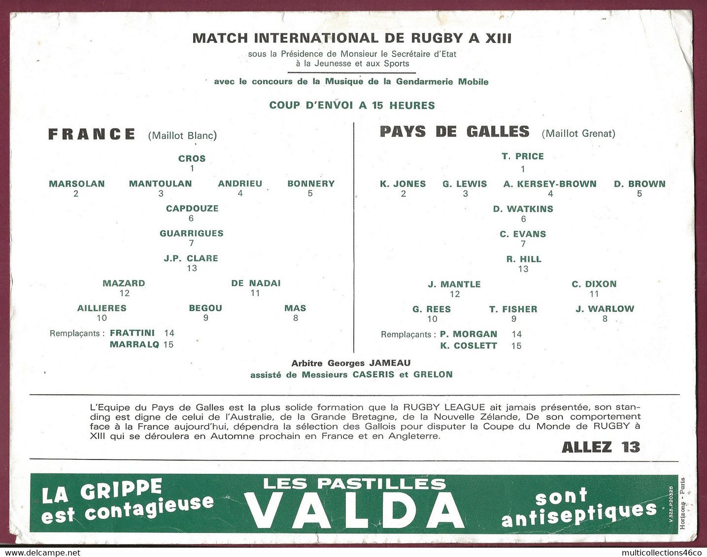 020421 - RUGBY A 13 PARC DES PRINCES FRANCE CONTRE PAYS DE GALLES - 1970 , - Rugby