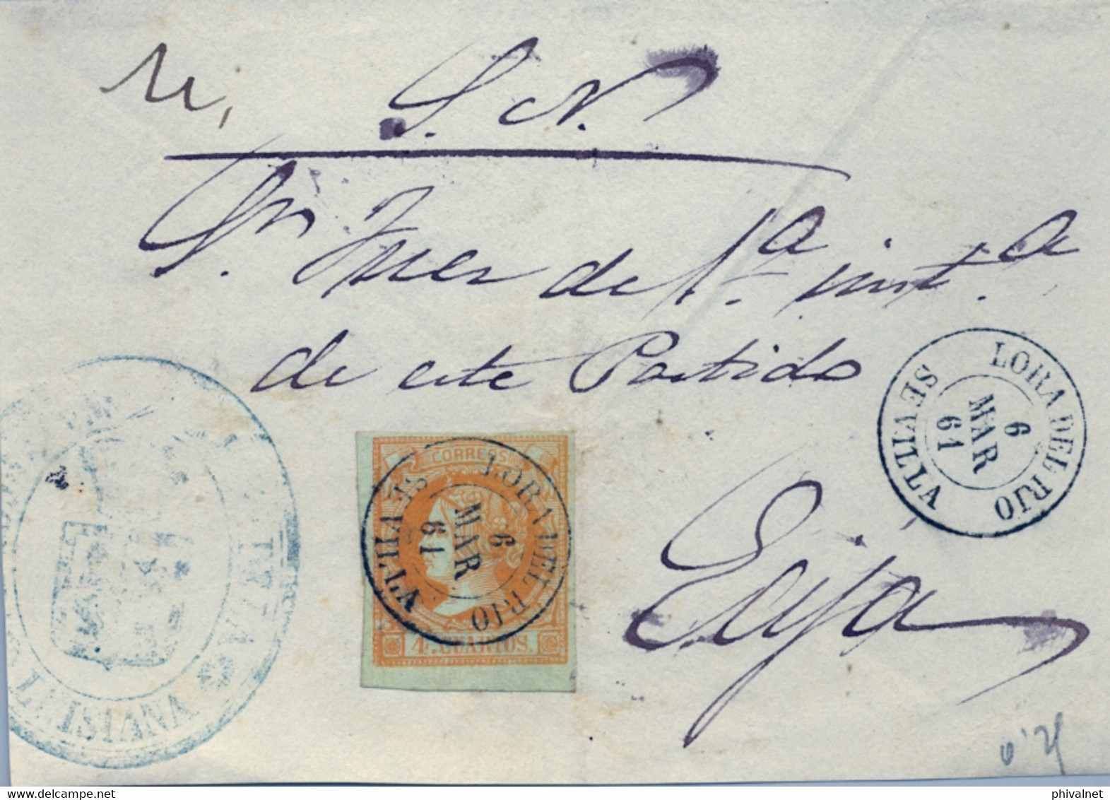 1861  SEVILLA , LORA DEL RIO - ÉCIJA  , 4 CUARTOS, ED. 52 , FRONTAL CIRCULADO , MAT. FECHADOR - Brieven En Documenten