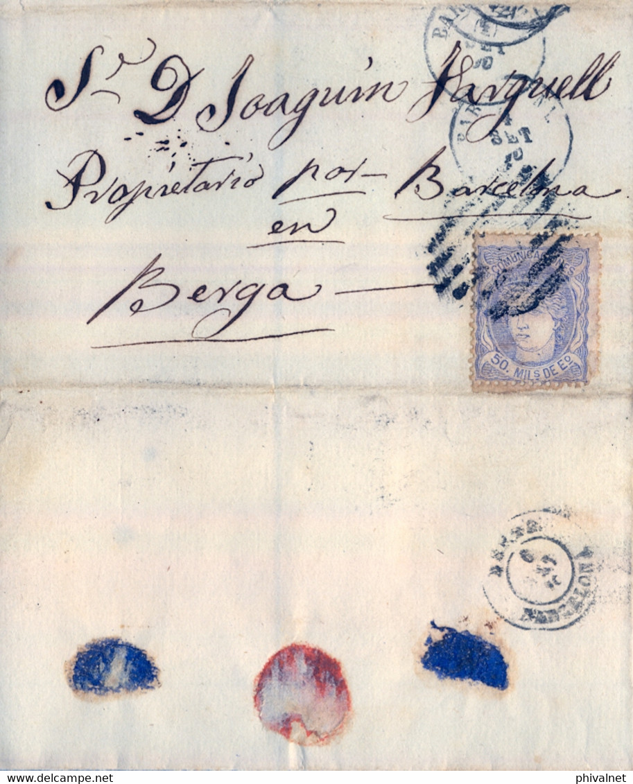 1870 BARCELONA - BERGA  , ED. 107, ENVUELTA CIRCULADA, MAT. PARRILLA CON CIFRA Nº 2 - Storia Postale