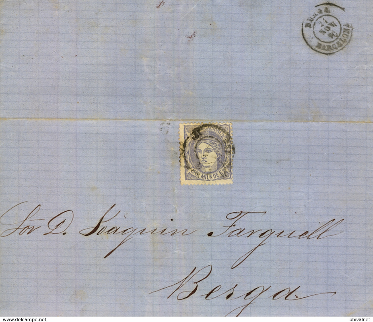 1870 BARCELONA - BERGA  , ED. 107, ENVUELTA CIRCULADA - Storia Postale