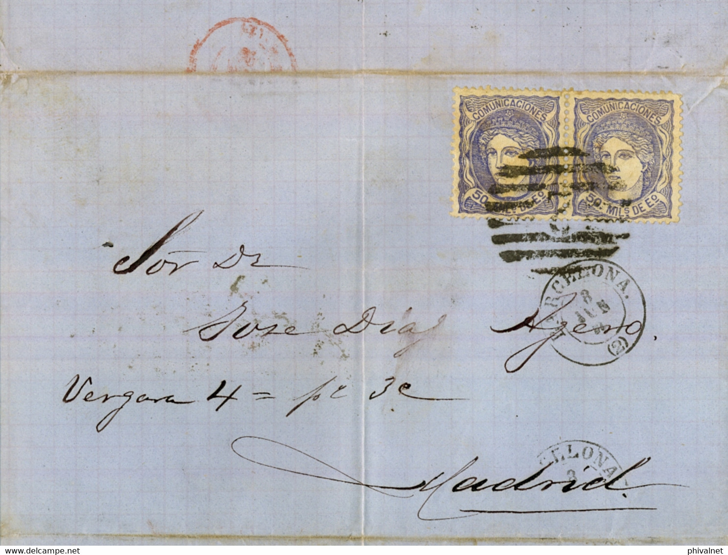 1870 BARCELONA - MADRID  , ED. 107 X 2, ENVUELTA CIRCULADA , MAT. PARRILLA CON CIFRA Nº 2 - Cartas & Documentos