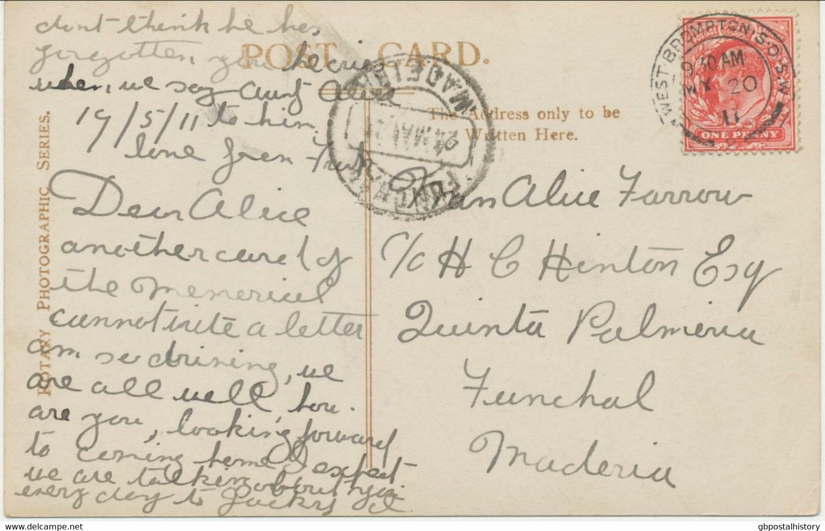 GB DESTINATIONS MADEIRA FUNCHAL 1911 EVII 1D HARRISON PRINTING WEST-BROMPTON-S.O - Covers & Documents