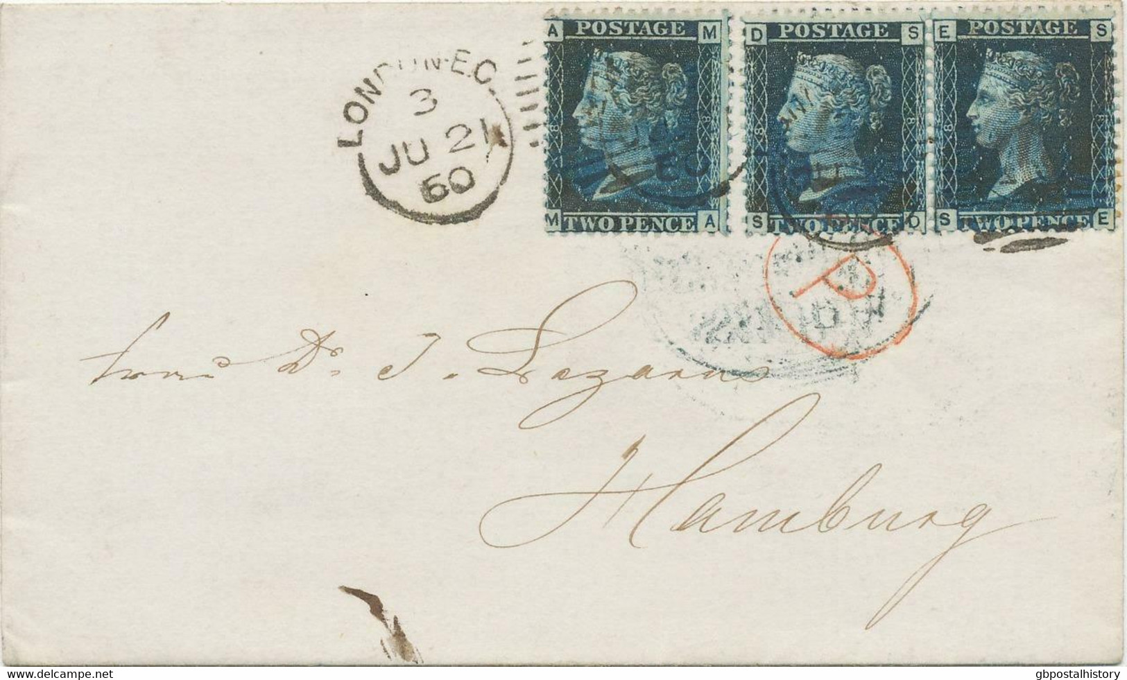 GB 1860 QV TWO PENCE Blue Pl.8 (3x, MA, SD, SE) Extremely Rare Multiple Postage - Cartas & Documentos